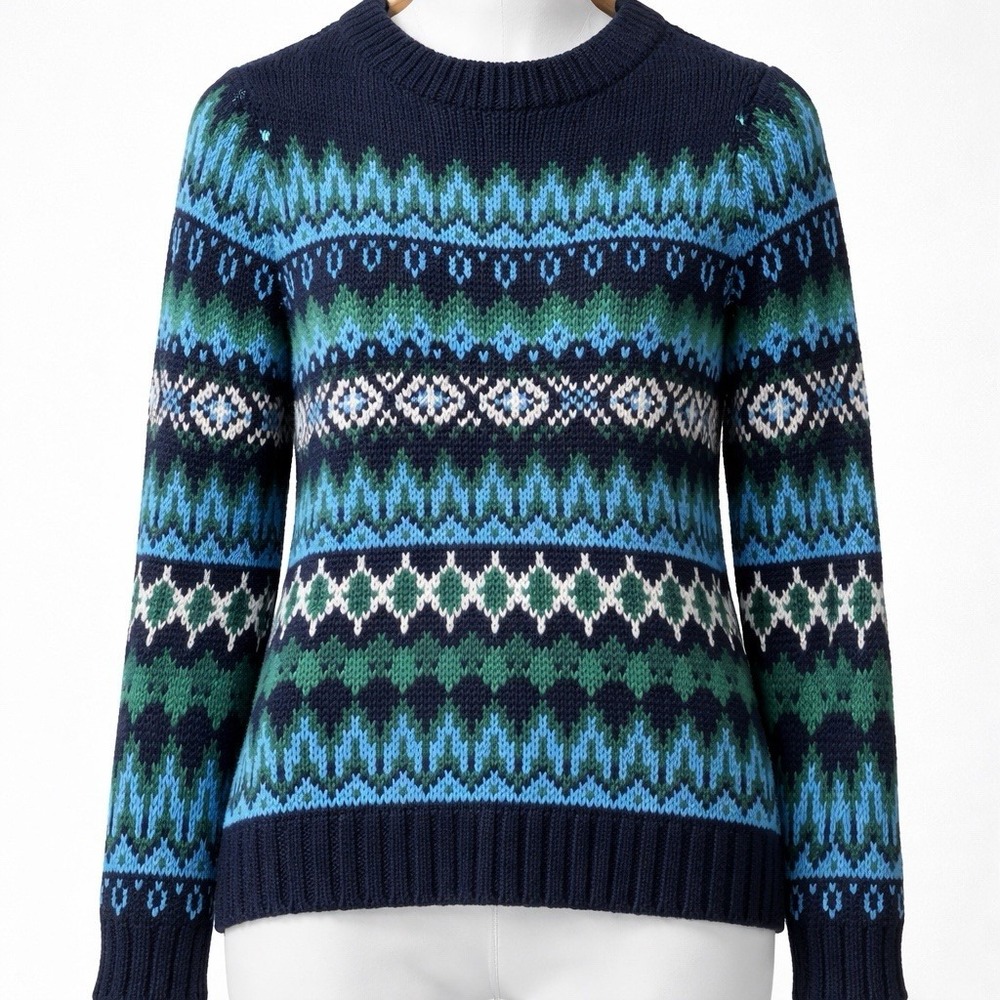 Talbots Fair Isle Crewneck Sweater Womens Size XL Blue Green Nordic Ski Cozy